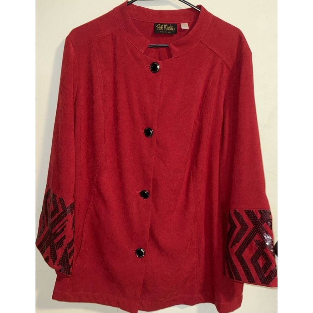 BOB MACKIE Red Button Front Moleskin Jacket Sequin Cuff Detail 1x